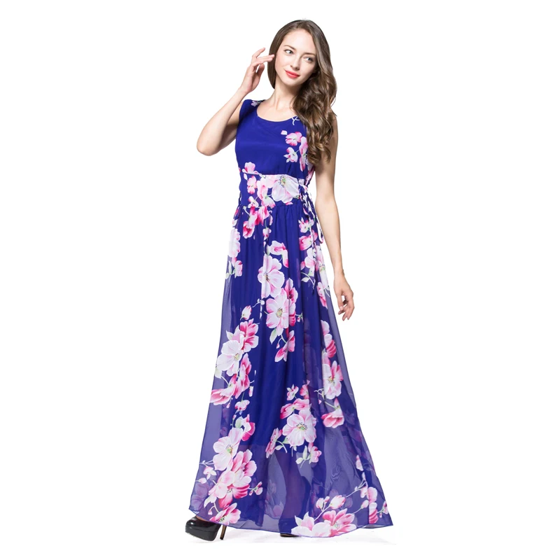 Женское шифоновое платье без рукавов с круглым вырезом и цветочным принтом
