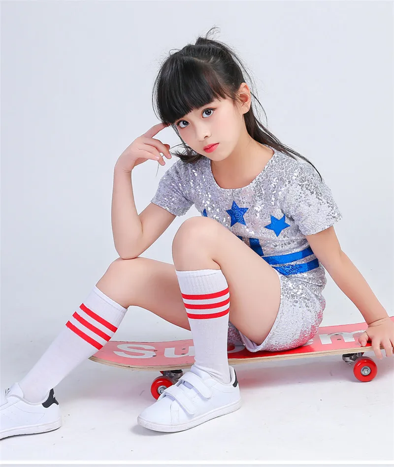Танцевальные костюмы в стиле хип-хоп с блестками и синими звездами короткий топ