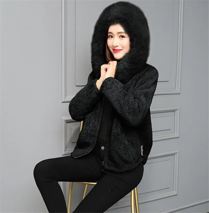 Fur Story, Женская Шуба с имитацией овечьей шерсти, зимняя куртка с капюшоном, женская шуба из овчины, большие размеры, A760