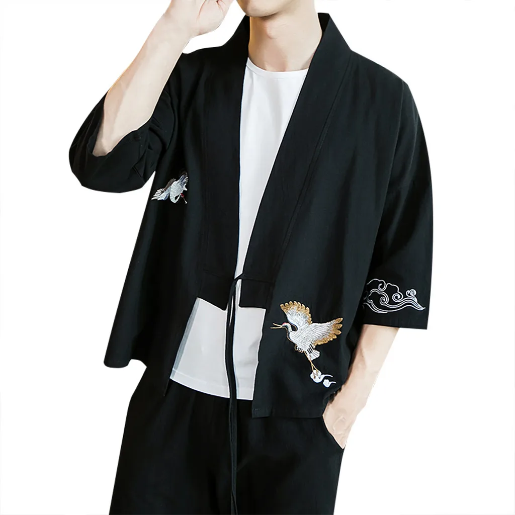 Мужской кардиган с поясом свободная куртка национальным принтом журавлей