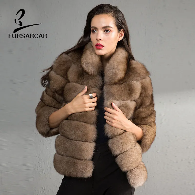 Женское меховое пальто FURSARCAR длинное из натурального Лисьего меха 65 см зимняя