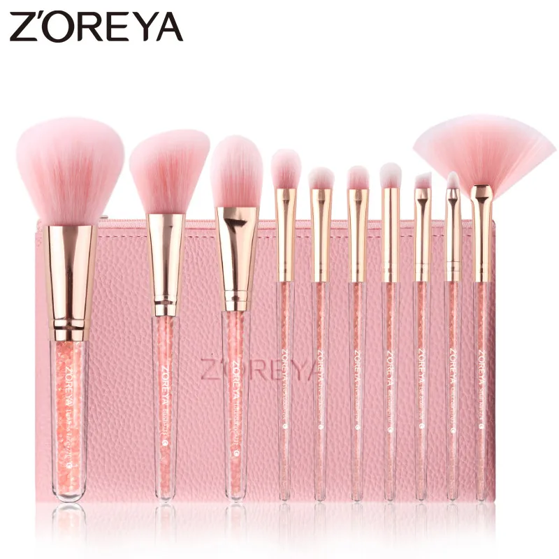 Pink with bag ZOREYA 10 шт., розовые Кристальные кисти для макияжа, Тональная основа, консилер, румяна, набор кистей для макияжа, супер мягкие синтетические волосы, косметические инструменты - Handle Color: Pink with bag