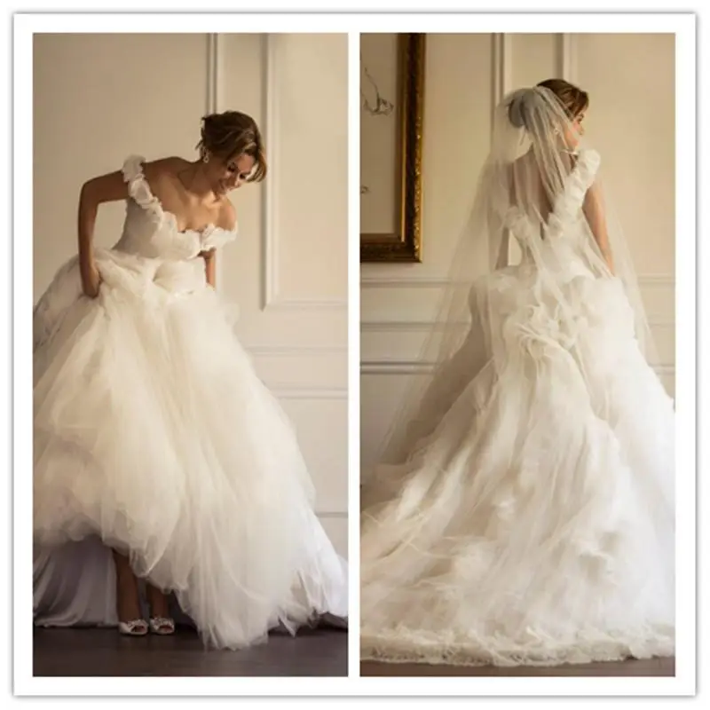 Романтический принцесса линия свадебные платья паффи тюли юбку-плечу золушка