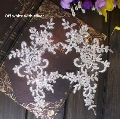 off white silver 1 шт. 25*12,5 см золотые/белые/черные/розовые/красные свадебные платья Кружевная аппликация аксессуары вышивка кружевная аппликация Ткань - Цвет: off white silver