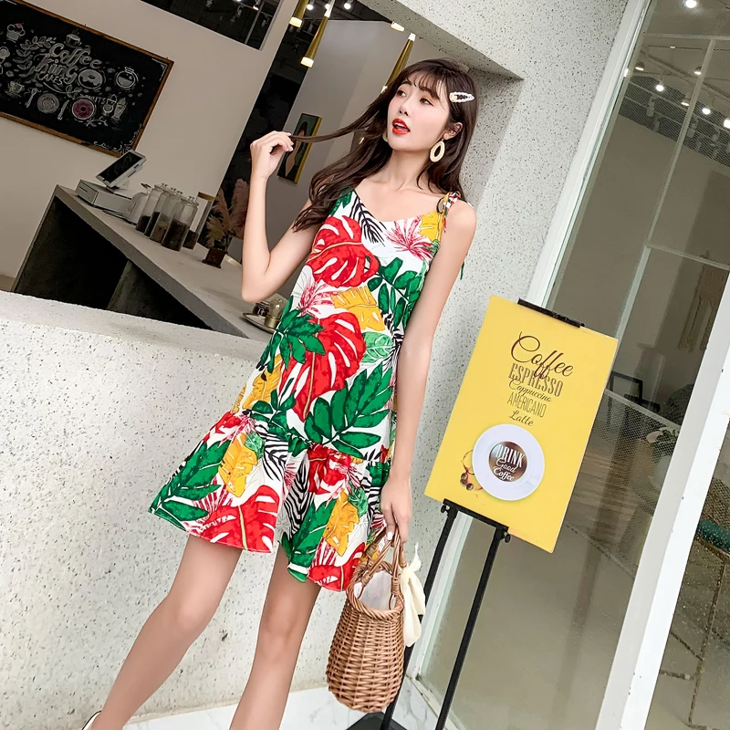 LERFEY Women Sexy Dress Beach Sundress Spaghetti Mini Casual Loose Dresses Summer Ruffles Print New Clothings | Женская одежда