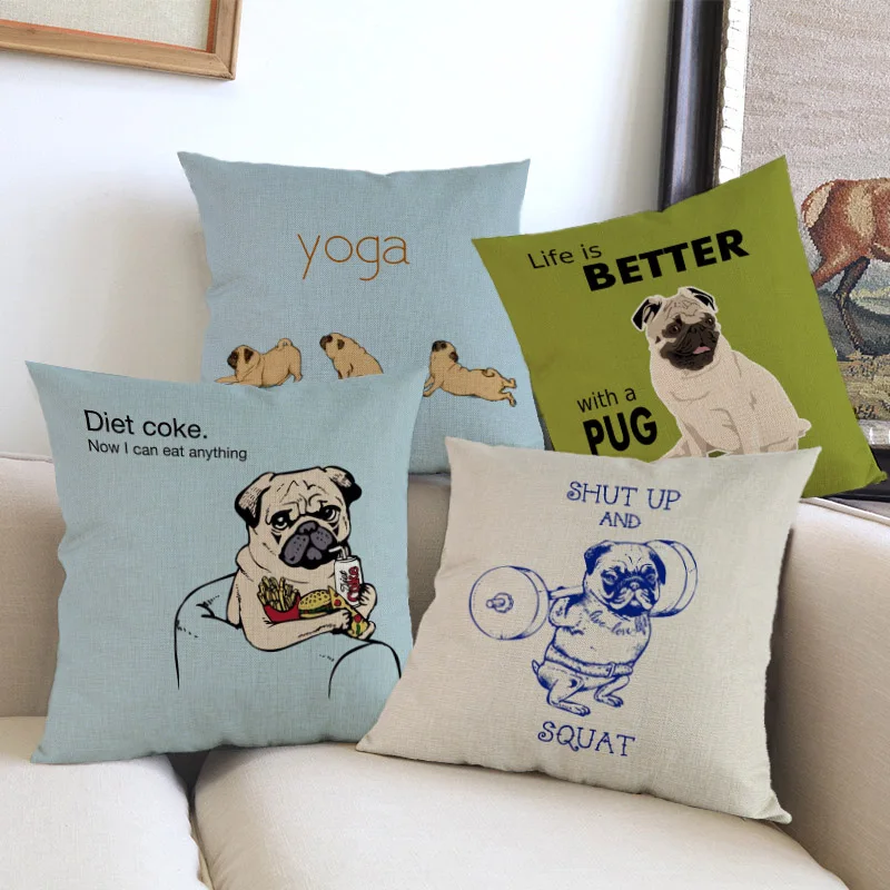 

Cartoon Cute Funny Pug Design Throw Pillow Case Animal Yoga Dog Home Pet Store Sofa Car Chair Decorative Cushion Cover 45x45cm