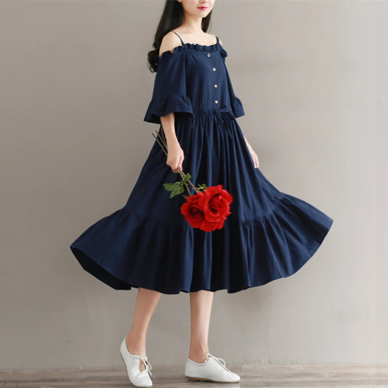 Mori Girl летнее женское длинное платье с вырезом лодочкой рукавом-бабочкой Vestidos