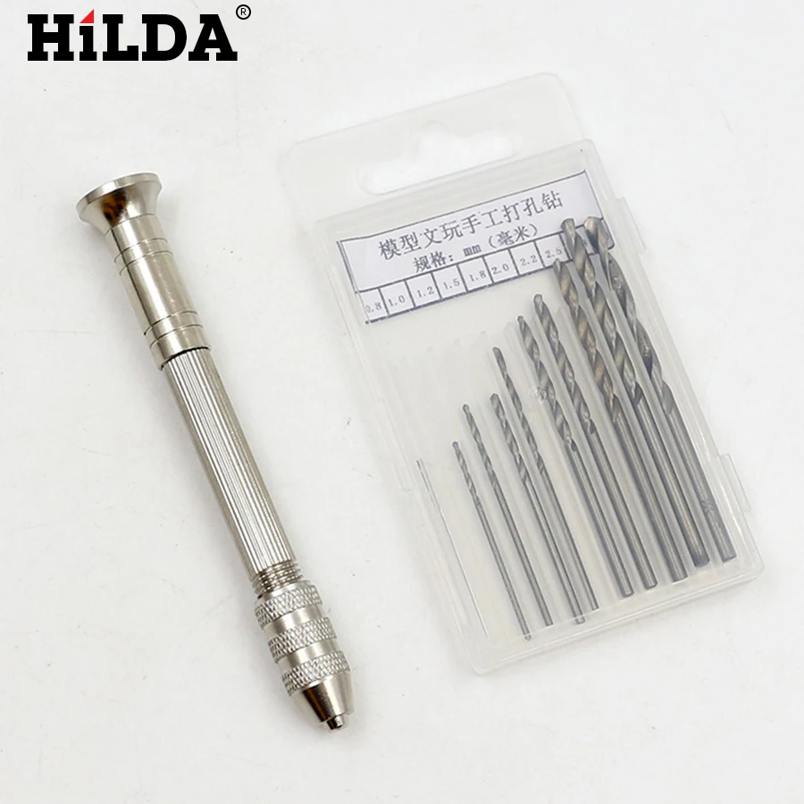 HILDA мини ручная дрель с бесключевым патроном + 10 шт. сверла из быстрорежущей стали