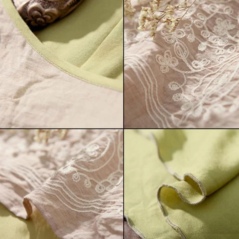 Длинное льняное платье с вышивкой винтажное Хлопковое коротким рукавом и