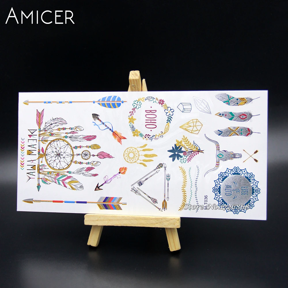 

Body Art Temporary Tattoos Gold Flash Metallic Tattoo Arm Sleeves Sticker Henna Women Jewelry Waterproof For Wolf deer eagle