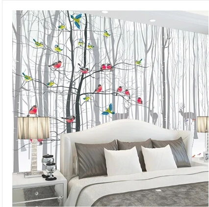 Настенные 3D обои для гостиной фотообои с изображением птиц деревьев черного и