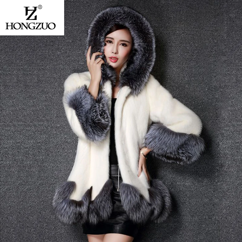 High Imitation Fur Coat Women Silver Fox Collar Hooded Mink Medium-long Overcoat Winter PC166 | Женская одежда
