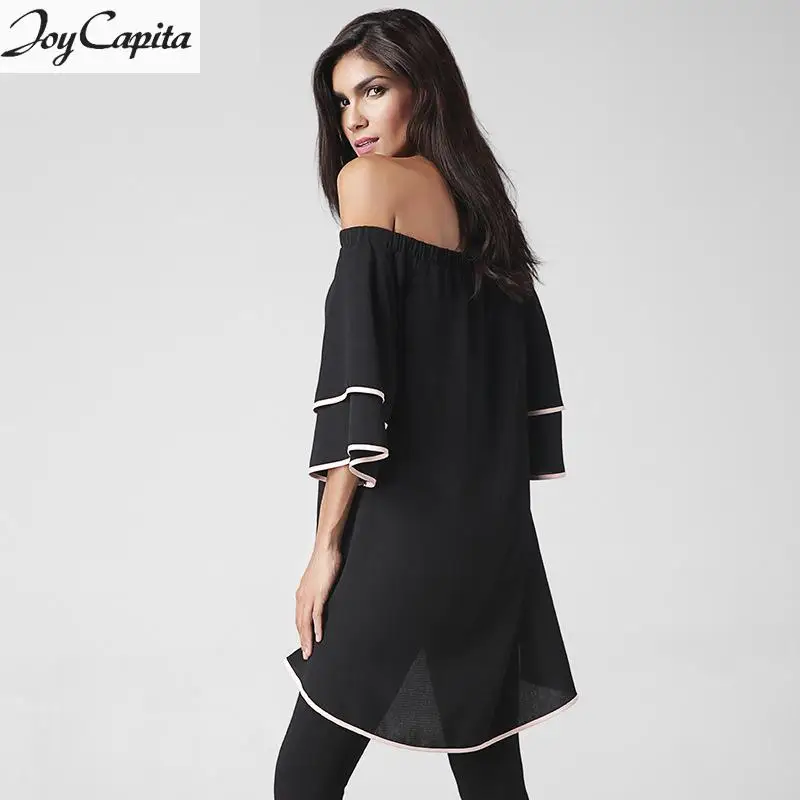 Joy Capita Women Chiffon Blouses 2017 Black Off Shoulder Summer Tops Plus Size Slash Neck Blusas Mujer Camisas Manga Larga |