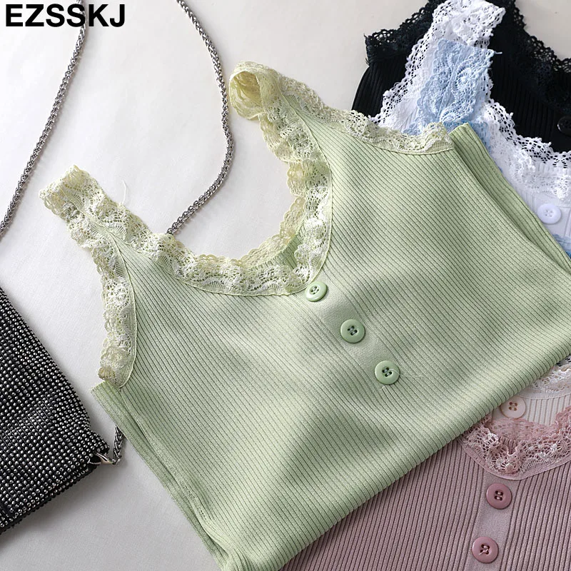 2019 Сексуальная Базовая кружевная майка Летний вязальный резервуар Топ женский