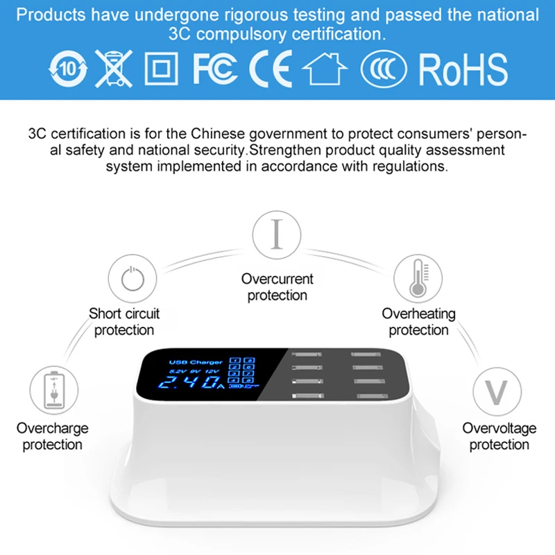 Multi USB Зарядное устройство 8 Порты и разъёмы Desktop зарядная станция LED Путешествия