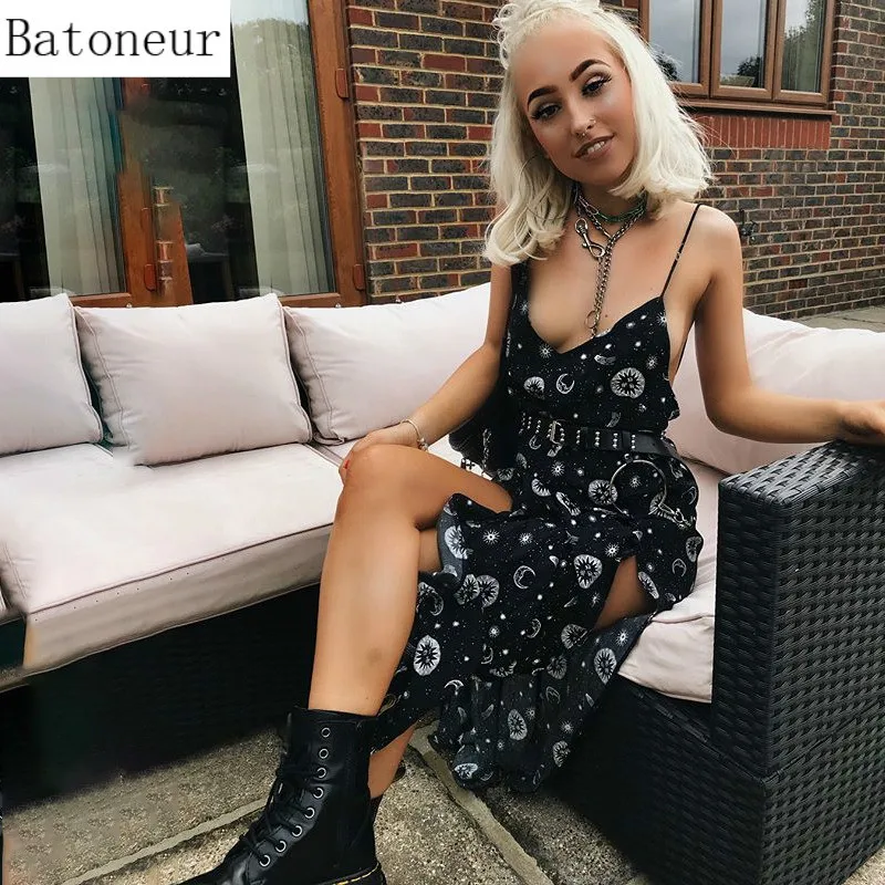 Женское сексуальное платье с v-образным вырезом и принтом на тонких бретельках