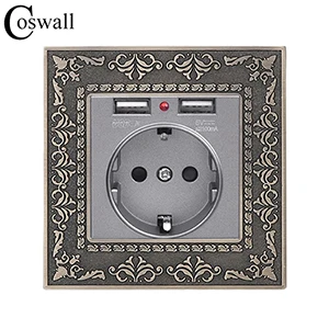 grey 1 Coswall Высококачественная ретро-панель из цинкового сплава 16A серая Европейская стандартная настенная розетка с двойным USB 2.1A зарядным портом рельефная панель - Тип: grey 1