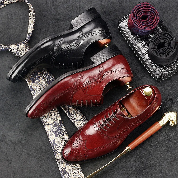 Mens brogue carving genuine leather dress shoes round toe lace up high quality work men wedding black wine red brown | Обувь