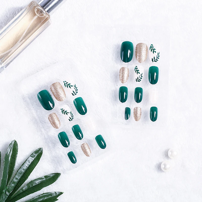 

New Arrival 24Pcs/Set Women Leaf Pattern Green Nail Art Fingernail Artificial Fake False Nails Art Tools