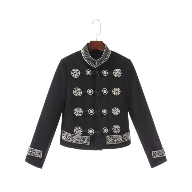 black Epaulette, темно-синий стиль, длинный рукав, стоячий воротник, женские короткие куртки, модные, с роговыми пуговицами, вышивка, облегающая женская верхняя одежда, пальто - Цвет: black