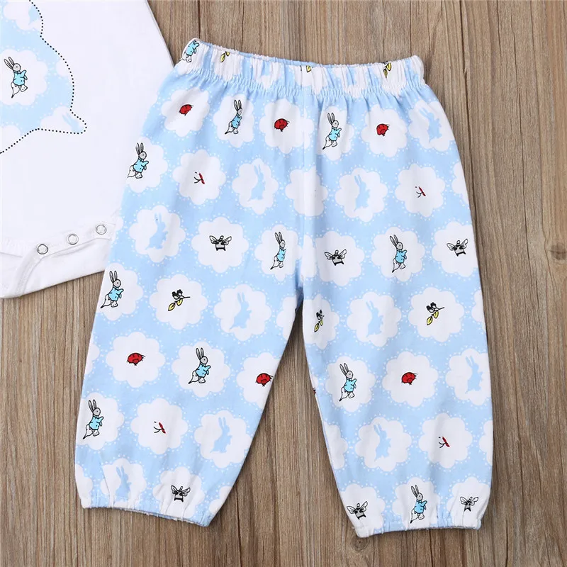 Kids Clothing Set Short Sleeve White Baby Rompers Rabbit Print Girls Tops Blue Long Pants Bottoms Children Boys Outfit | Детская одежда