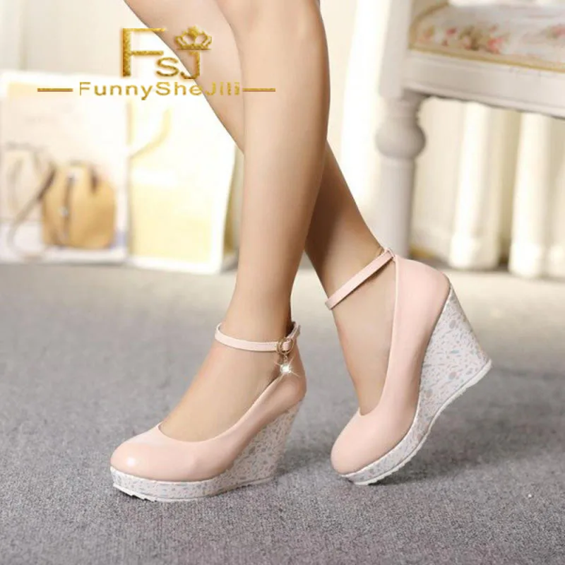 

Pink Closed Toe Wedges Platform Ankle Strap Pumps Cyber Monday Fashion Attractive Incomparable Women Shoes FSJ Elegant Sexy