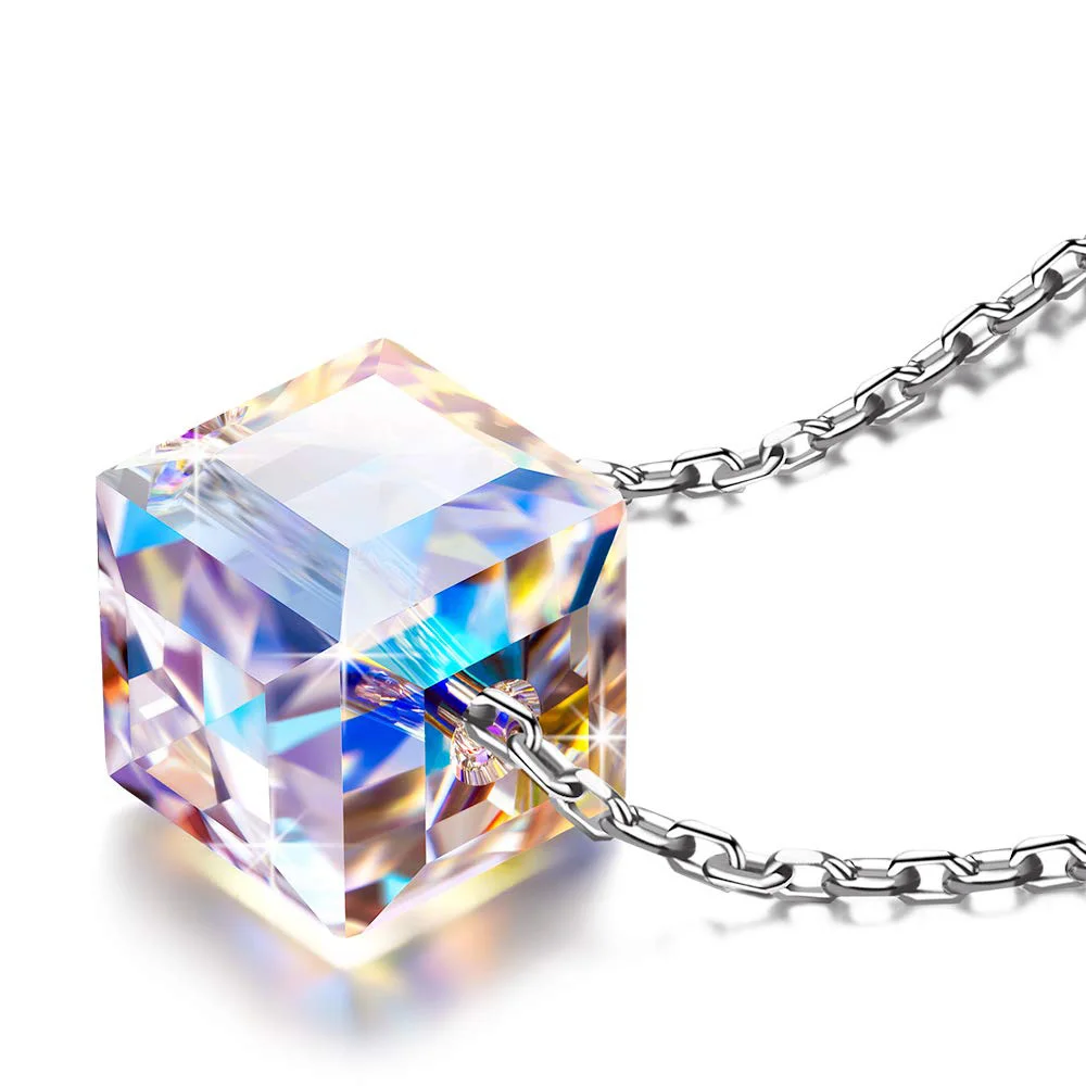 

925 Sterling Silver Pendant Necklace Crystal from Swarovski Aurora Crystals Sugar Cube Necklace Hypoallergenic material