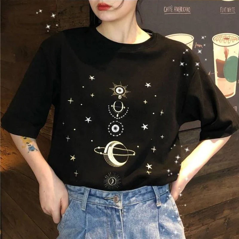Boho Moon Stars черная белая женская футболка модная повседневная Хлопковая новые