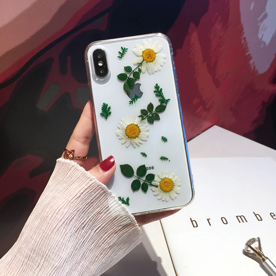 Qianliyao Real Dried Flower Phone Case For iPhone 11 Pro Max X Xr Xs Soft TPU Green leaf Back Cover for 7 8 Plus |