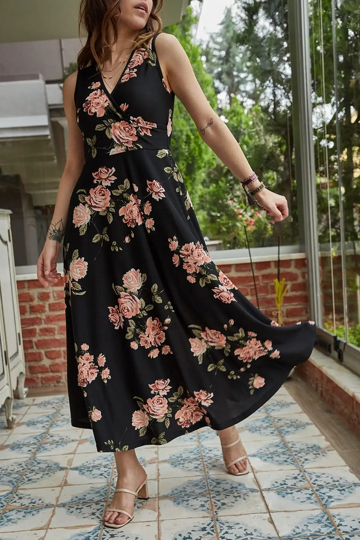 Xhan женское черное двубортное платье с цветочным принтом 9YXK6-41381-02 | Женская одежда