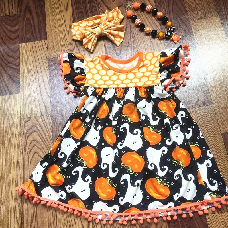 High quality beautiful children top wholesale girls Halloween dress with matching bow and necklace kids halloween outfits sets | Детская