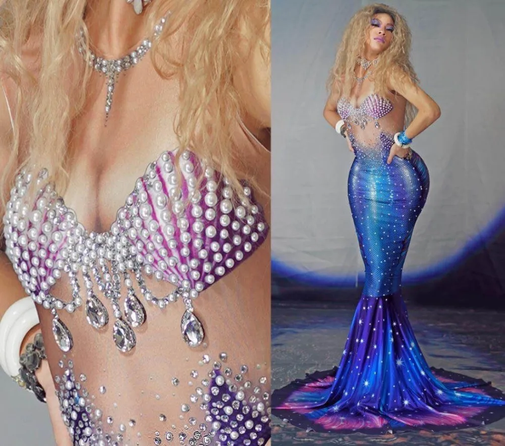 Sexy Pearls Rhinestones Mermaid Long Dress Party Banquet Women Trumpet Trailing Singer Cosplay Stage Costumes | Женская одежда