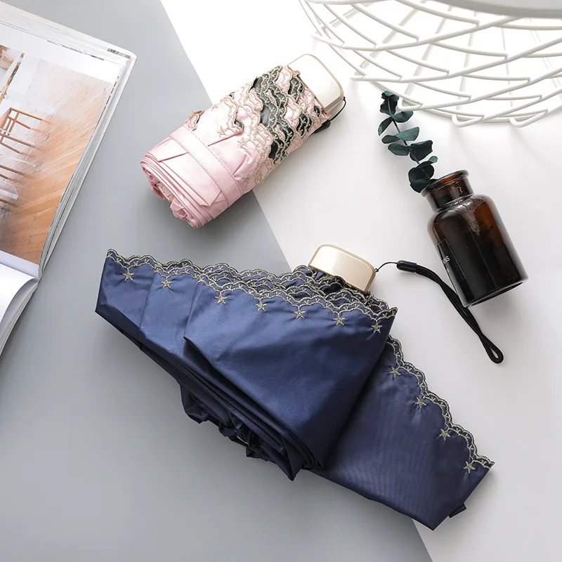 Мини Карманный Зонт вышитый двойного назначения черный пластиковый S514|Зонтики| |