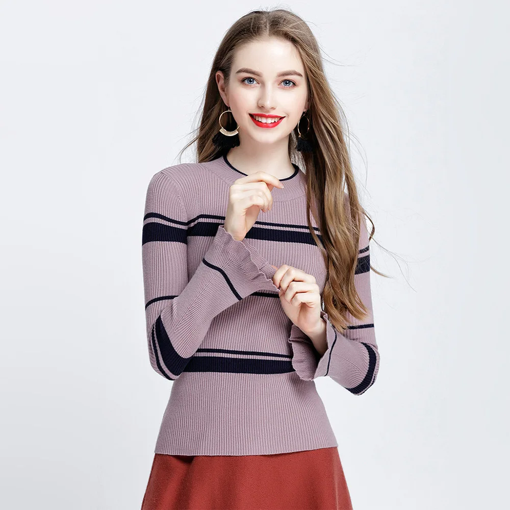 2018 spring new ladies sweater round neck trumpet sleeve long sleeves Korean fashion slim slimming top coat female A8819 | Женская