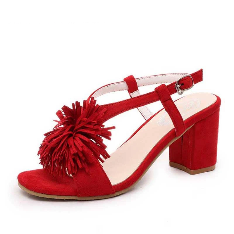 2016 Новая Мода Кисточкой Сандалии Peep Toe 7.5 см Квадратный Каблук Пряжкой Удобная