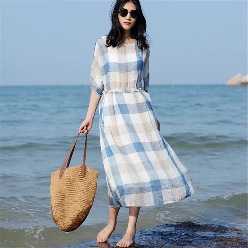 SCUWLINEN 2019 женское летнее платье классическое в клетку на завязках с коротким