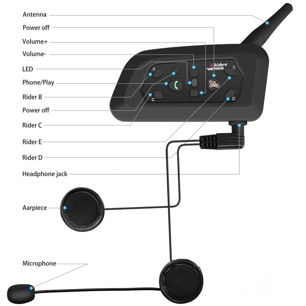 V6 Беспроводная bluetooth-гарнитура для шлема мотоциклетная интерком 6 мотоциклистов
