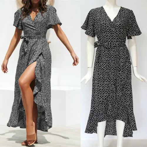 Женское пляжное платье бохо летнее макси с цветочным принтом оборками коротким