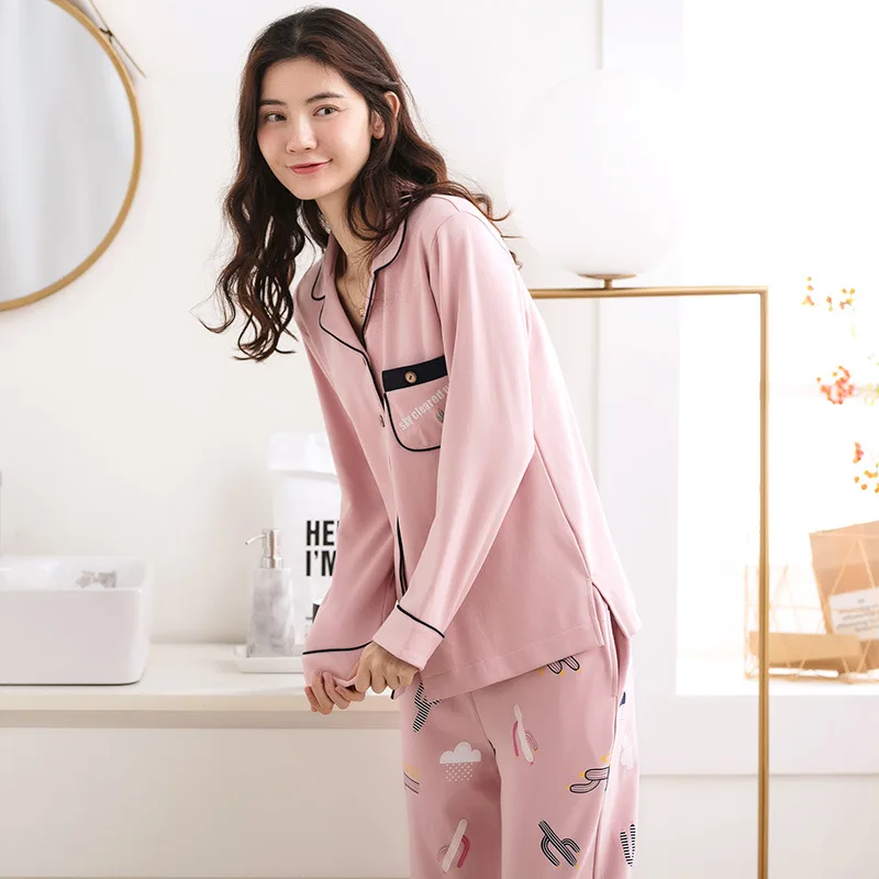 Осень стежка Для женщин пижамный комплект с длинным рукавом v образным вырезом