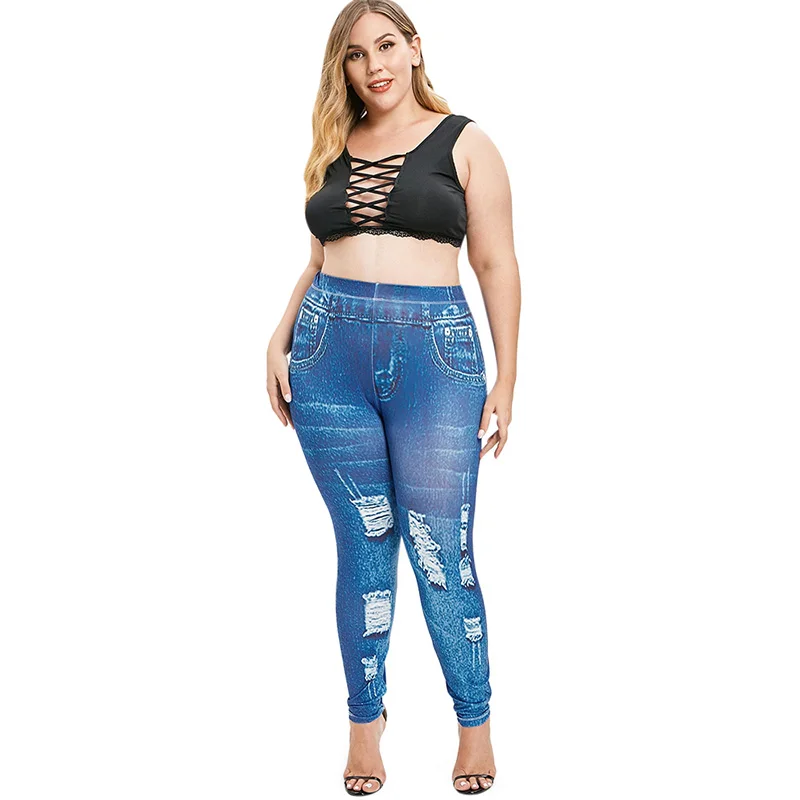 PlusMiss размера плюс 5XL пикантные эластичную искусственную 3D Джинсы Леггинсы Для