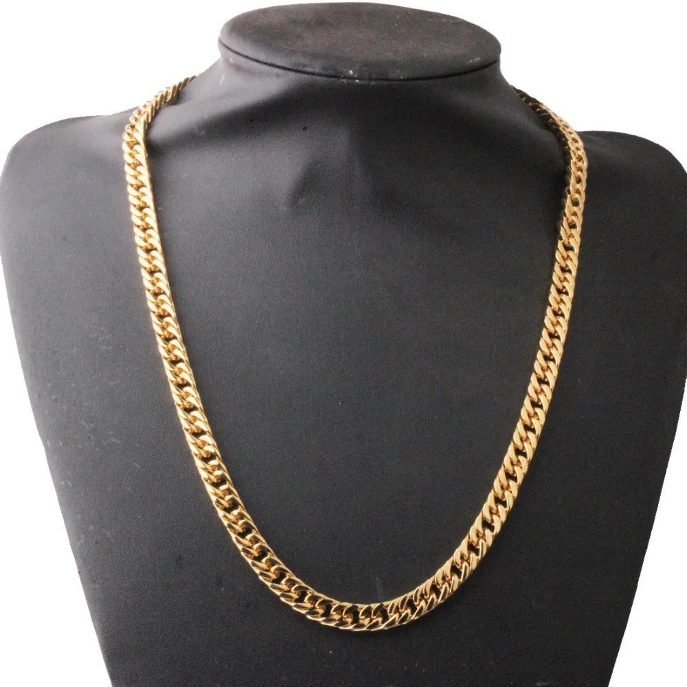 

8-14mm Fashion Mens Chain Gold Tone Cut Curb Link 316L Stainless Steel Necklace Wholesale Gift Jewelry