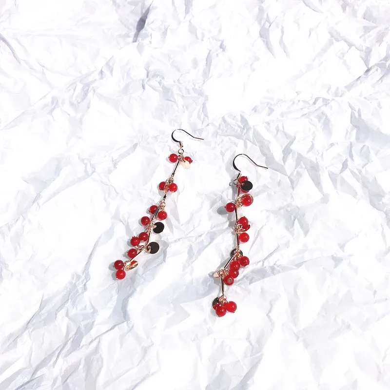 Simple Sweet Geometric Red Tassel Bead Women Dangle Earrings Small Grape Bunch Long Drop Fashion Jewelry | Украшения и аксессуары