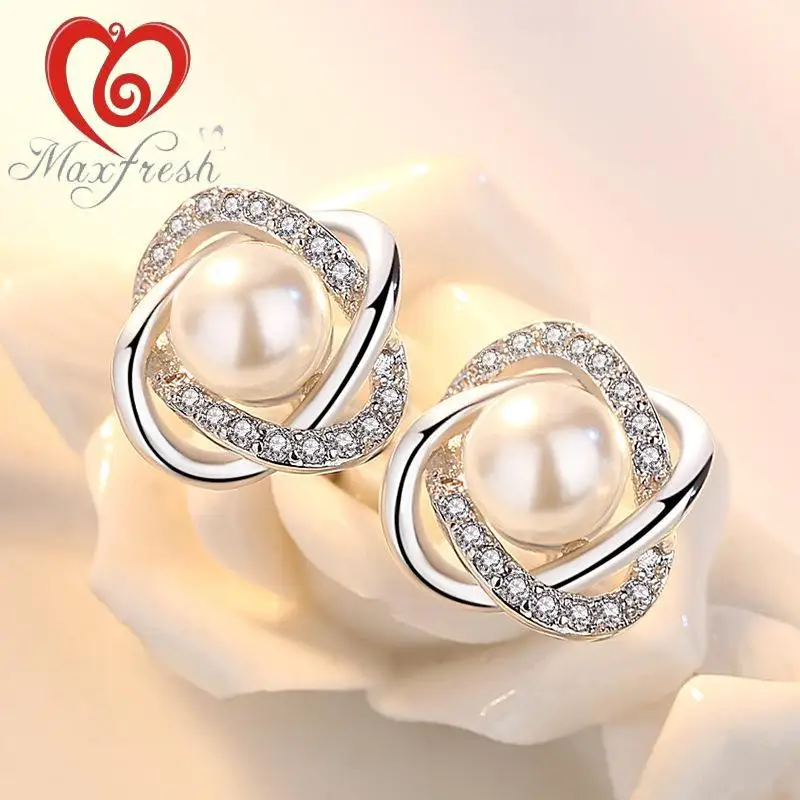 Maxfresh модные мяч кубический цирконий жемчуг 925 серебряные серьги для