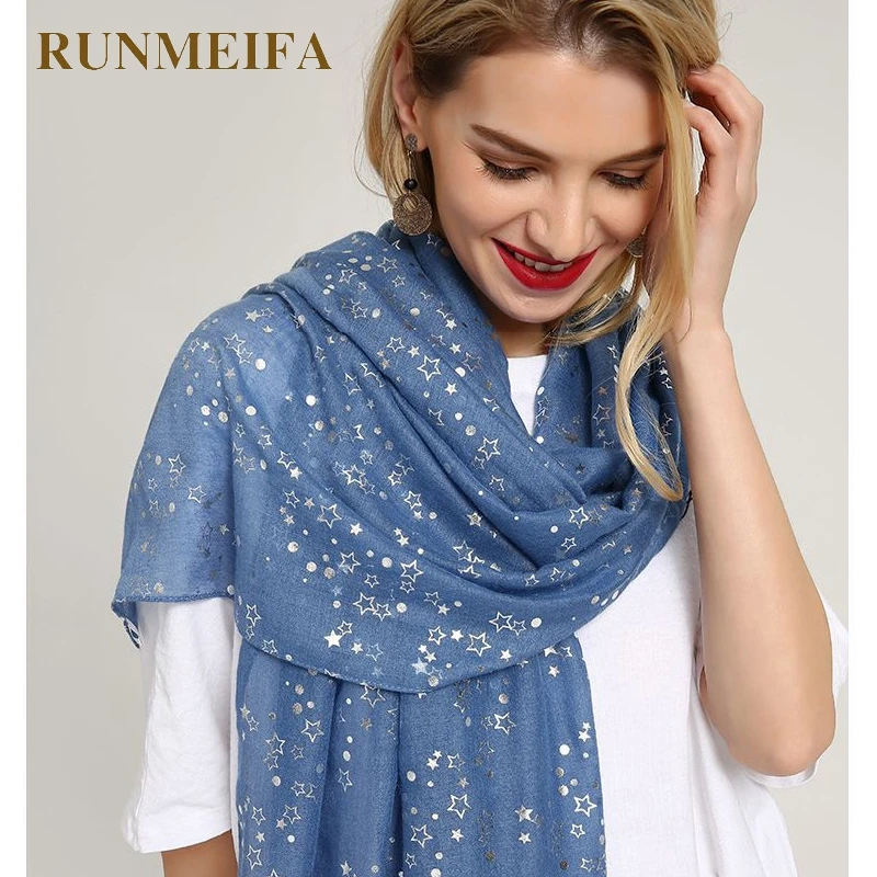 Женский хлопковый шарф RUNMEIFA однотонный серебряный с пятиконечной звездой
