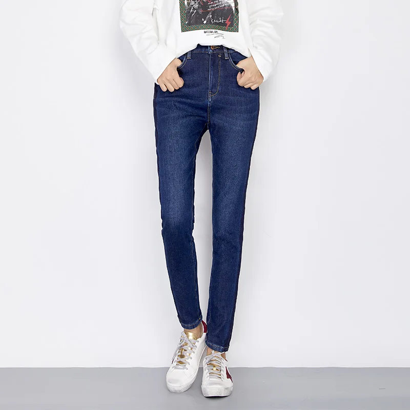 New Winter Thicken Plus Size L Dark Blue High Waist Bleached Full Length Side Shadow Skinny Pencil Jeans Women 7132 |