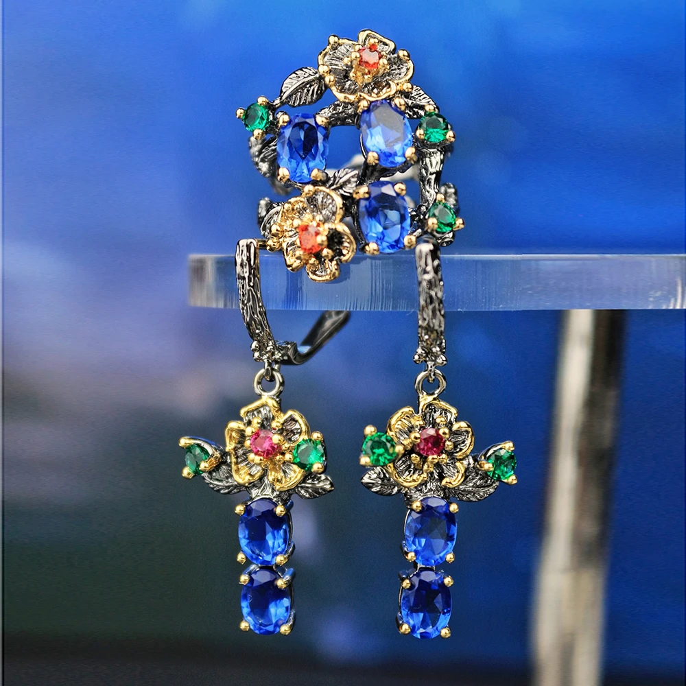 Голубые Кристальные серьги кольцо ювелирный набор лист висячие мульти циркония