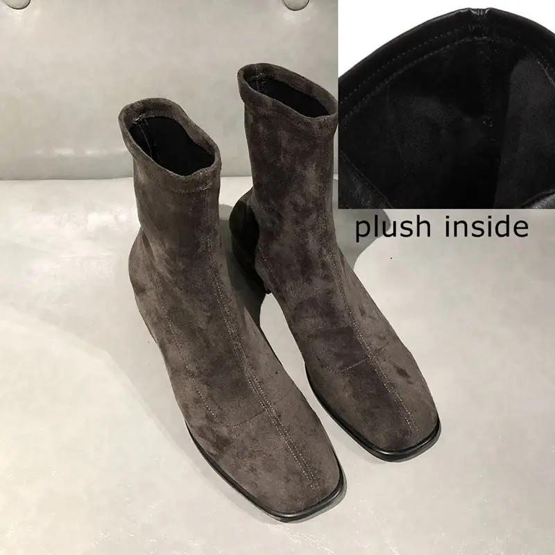 plush inside ALLBITEFO/модные женские ботинки из эластичного материала на толстом каблуке; Высококачественная женская обувь на высоком каблуке; женские ботильоны - Цвет: plush inside