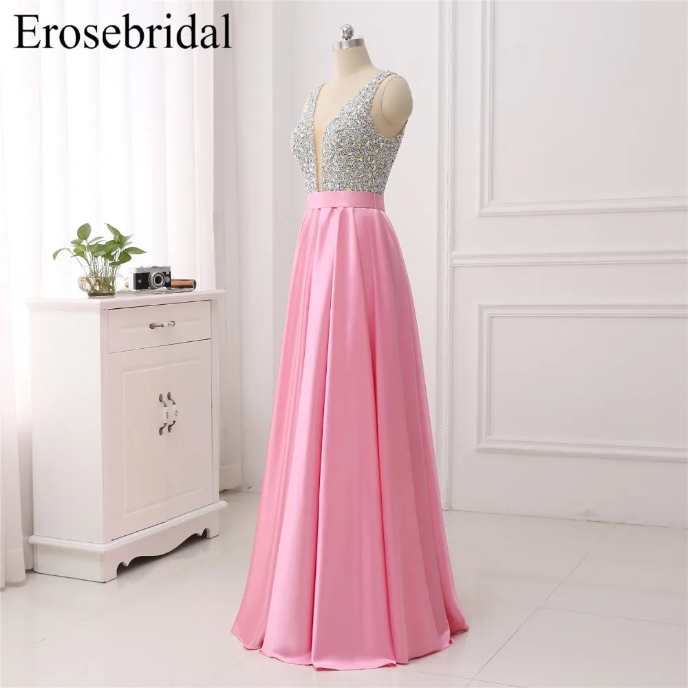 Erosebridal вечернее платье длинное линия V шеи халат, украшенный бисером De Soiree мягкий Атлас формальное платье женское элегантное платье