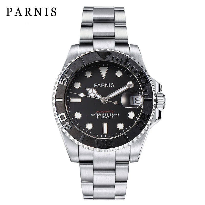 Silver Steel Black Parnis механические Автоматические Мужские часы Diver Miyota 8215 мужские часы сапфир mekanik erkek kol saati reloj automatico - Цвет: Silver Steel Black