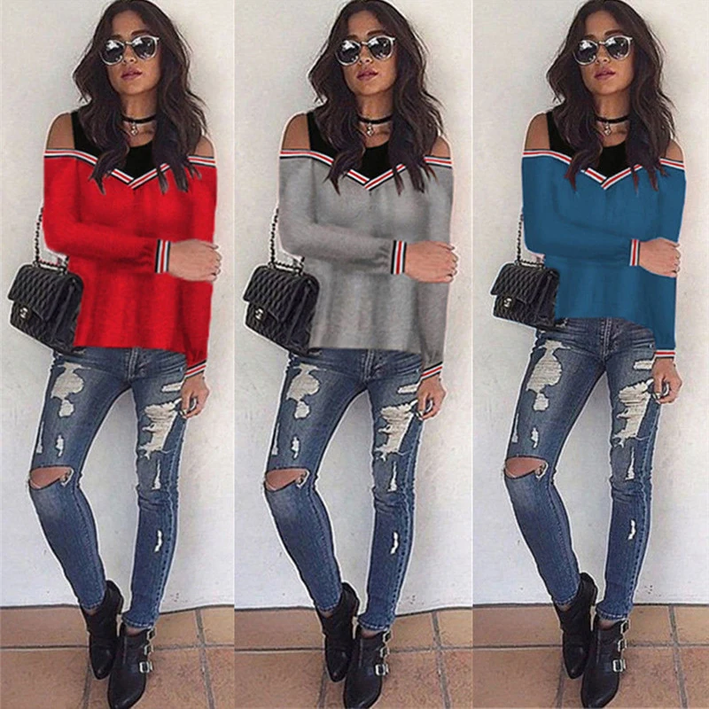 Female Jumper Sweatshirt Off Shoulder Patchwork Hoodies Top Autumn Winter Crew Neck Pullovers Tracksuit Ladies Tops